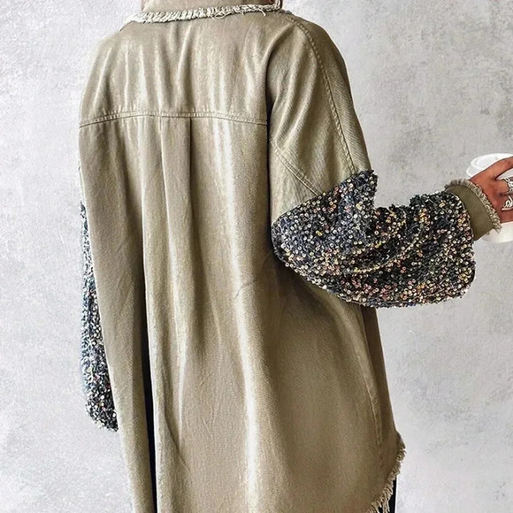 Khaki Party Women's Turn-Down Collar Contrast Sequin Raw Hem Button Down Shacket - Picture 2 of 5